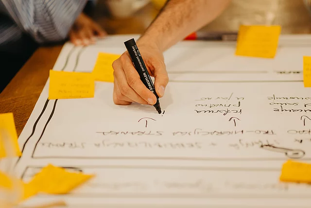 A half section of a large 2×1 metre paper spreadsheet filled with text and sticky notes, with a person writing on it using a marker.